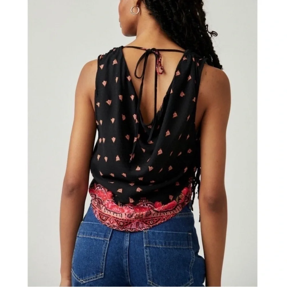 NWOT FREE PEOPLE Silas Printed Cowlneck Top / Black Combo